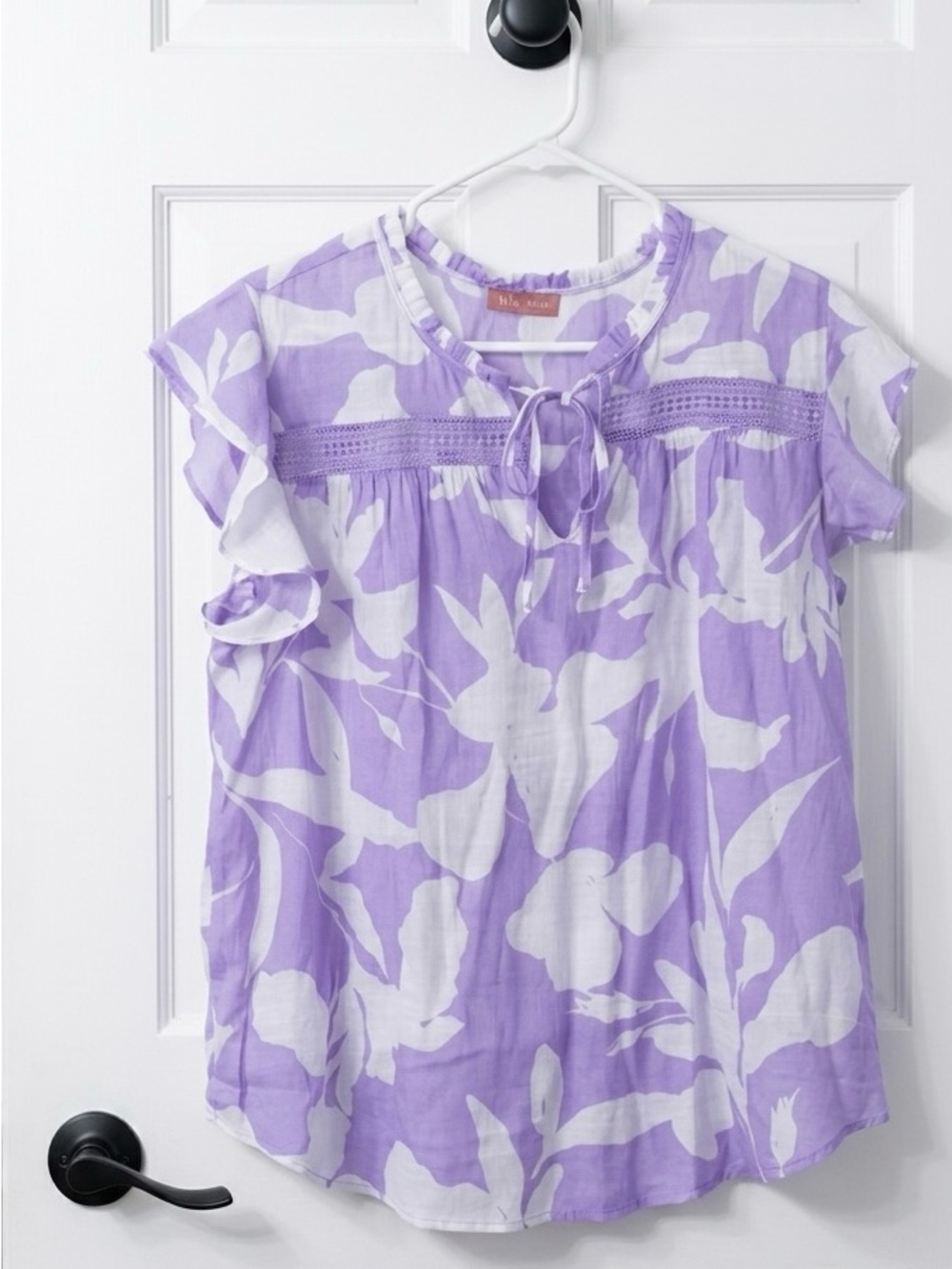 Lavender & White Floral Tie-Neck Blouse